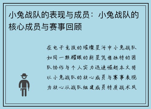 小兔战队的表现与成员：小兔战队的核心成员与赛事回顾